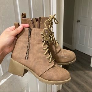Brown ankle boots combat chunky heel